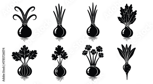 Fresh black vegetable icons for spring planting and healthy eating plans
