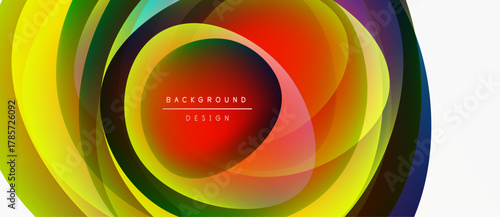Abstract colorful layers create dynamic circular design. Vibrant hues blend, forming modern background element. Text reads background design.