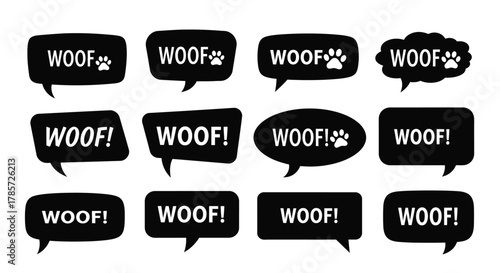 Cute woof dog bark speech bubbles for pet adoption and animal rescue