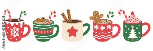 Christmas Hot Chocolate and Cocoa – Cute Cartoon Mug Icons with Coffee, Latte and Tea, Winter Holiday Drink Set, Fun Vector Menu Illustration