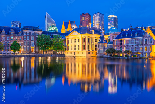The Hague, Netherlands. Downtown Skyline and Parliament Buildings at dusk.