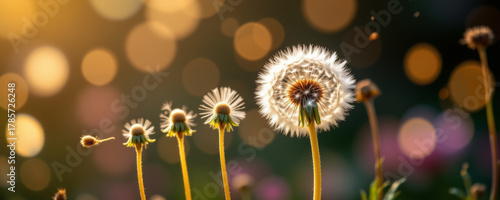 Dandelion seed dispersal with glowing bokeh background creating magical natural scene