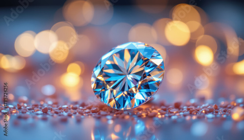 Brilliant blue diamond with sparkling bokeh lights creates magical and elegant atmosphere
