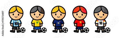 Cartoon football players set, argentina, brazil, france, spain, germany national teams illustration
