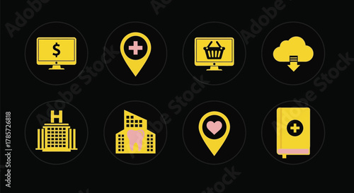 Find healthcare services locations online with these modern yellow icons