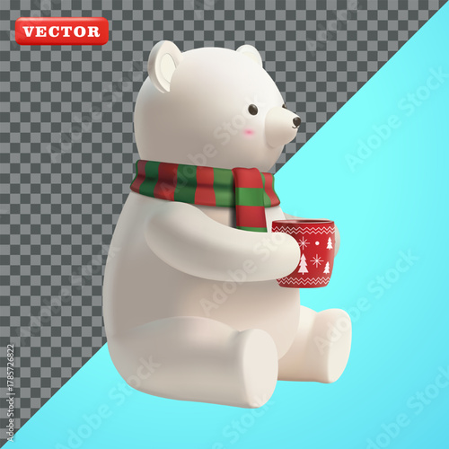 Polar bear wearing a scarf sitting and enjoying a hot drink, 3D vector. Suitable for events