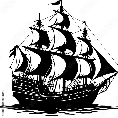 Sailboat Silhouette: A majestic sailboat gracefully glides across the water, its sails billowing in the wind, with an evocative silhouette against the horizon. 