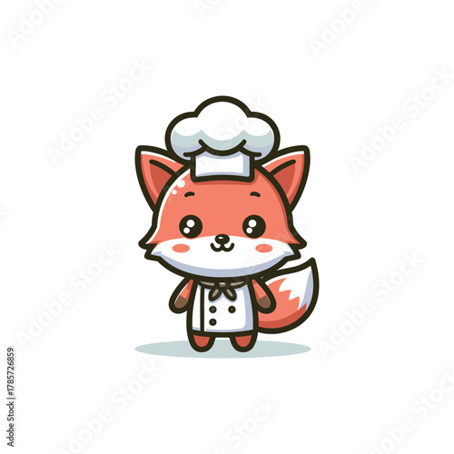 A cute cartoon fox wearing a chef's hat and uniform, standing with its paws at its sides.