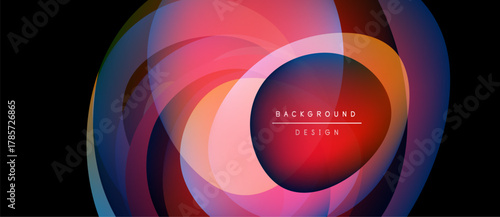 Abstract layered circles, vibrant colors blend. Pink, purple, blue hues create dynamic background design. Text reads background design.