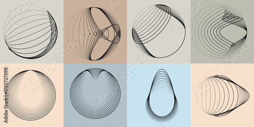 Abstract visual harmony of circles and curved lines , perfect for digital branding. Linear circular art with balanced curves ideal for posters, packaging and web design. Vector rotational shapes set.