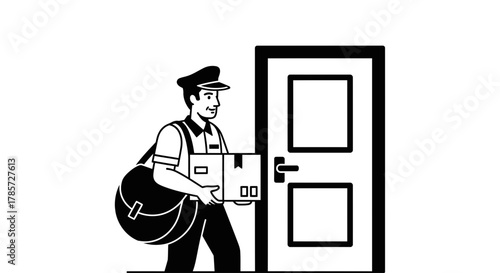 Friendly mailman delivering package to door in retro black and white art