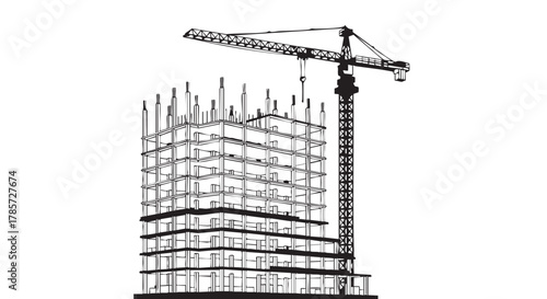 A detailed illustration showcases a skyscraper's construction, featuring a towering crane and the building's skeletal framework against a white backdrop.