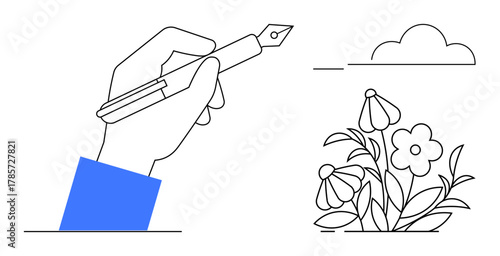 Hand holding fountain pen sketching flowers and clouds. Ideal for creativity, nature, art, design, inspiration, education, growth. Simple flat metaphor for innovation and creativity