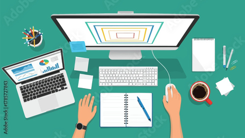 Flat lay vector illustration of an office workspace setup with computer monitor, laptop showing business data, and person working at the desk, top view