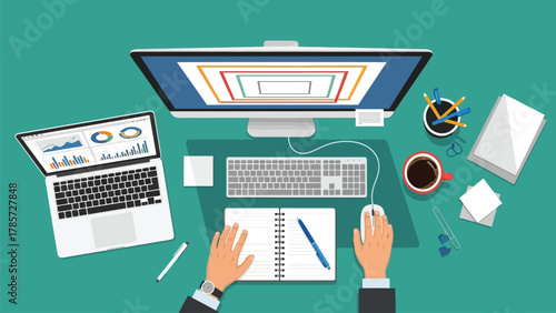Businessman Working at Office Desk Top View Flat Design Vector Illustration. Workplace with Computer Monitor, Laptop Showing Data Analysis Charts, Hands, Notebook, and Coffee.
