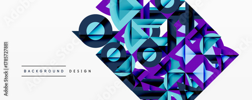 Abstract geometric shapes, vibrant blue, purple hues. Modern design elements create dynamic visual texture. Minimalist style.