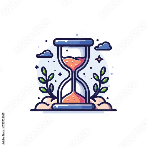 A stylized illustration of an hourglass with sand flowing, surrounded by whimsical clouds and leafy branches.