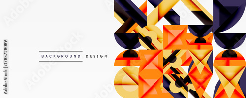 Abstract geometric pattern. Orange, yellow, black shapes create dynamic composition. Minimalist design with white space. Modern aesthetic.