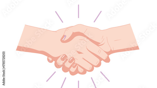 Cartoon Handshake Vector Illustration. Two women's hands with vibrant purple nail polish shaking hands, symbolizing business partnership, agreement, or greeting.