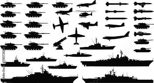 Military vehicle silhouettes, tanks, aircraft, helicopters, missiles, warships, submarines, artillery, defense icons, combat equipment, warfare tools, army assets