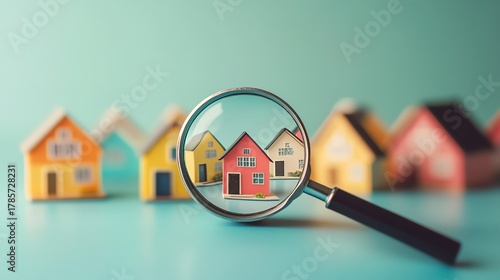 Magnifying glass over colorful miniature houses.