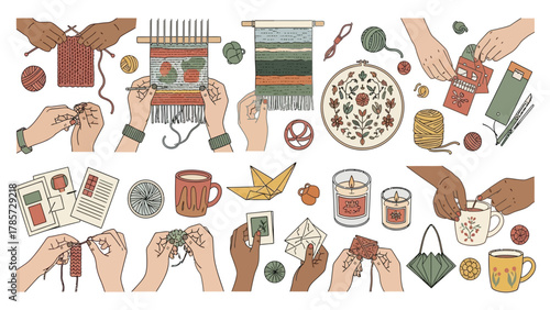 Creative Hobbies Vector Illustration Set. Hands Knitting, Weaving, Embroidery, and Origami. Handmade DIY Leisure Activities Collection with Cozy Elements.