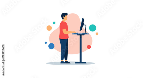 An illustration depicts a man working at a standing desk, surrounded by colorful abstract shapes, promoting healthy work habits.