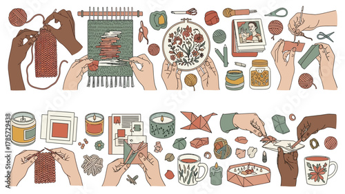 Set of Hands Doing Creative Hobbies and Crafts. Vector Illustration of Knitting, Weaving, Embroidery, and DIY Activities Collection.