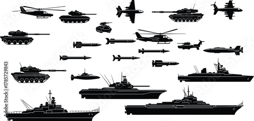 Military vehicle silhouettes, tanks, helicopters, submarines, missiles, warships, bombs, aircraft carriers, destroyers, armored vehicles, warfare equipment, combat icons, black shapes