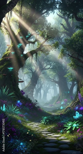 Magical misty forest illuminated by glowing rays creating enchanting fantasy atmosphere
Seamless looping, virtual video animation background. Generated AI	