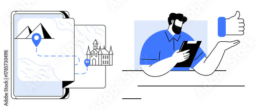 Tablet with route map, landmarks, and destination pin. Man holding tablet giving thumbs-up. Ideal for travel, tourism, technology, navigation user experience approval digital planning. A simple