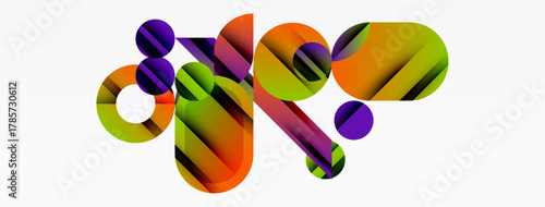 Abstract composition featuring overlapping colorful shapes. Gradient hues create dynamic visual interest, modern design.