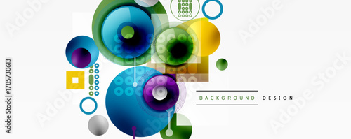Abstract colorful design. Overlapping circles, squares, dots create modern visual composition. Gradient shades enhance dynamic effect.
