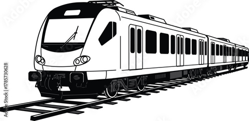 Modern electric passenger train, railway transport, urban transit, black and white illustration, streamlined design, travel infrastructure, locomotive, metro, commuting, speed