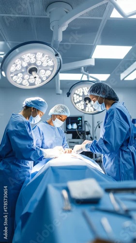 Surgeons performing an operation, assisted by surgical lights, medical equipment, and operating table in the sterile hospital operating room.