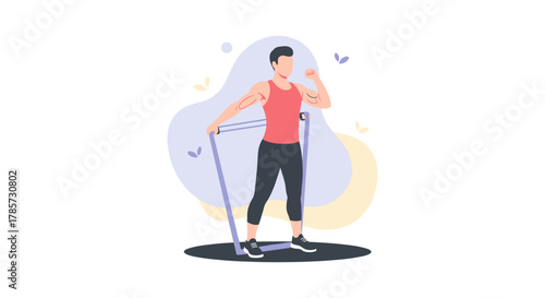 An illustrated man exercises with a resistance band, promoting fitness and demonstrating strength training for a healthy lifestyle.