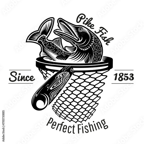 Pike Fish in Landing Net Monochrome Vector Illustration