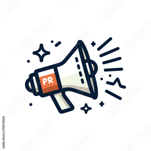 A stylized illustration of a megaphone with 'PR' on its side, emitting sound waves and sparkles.