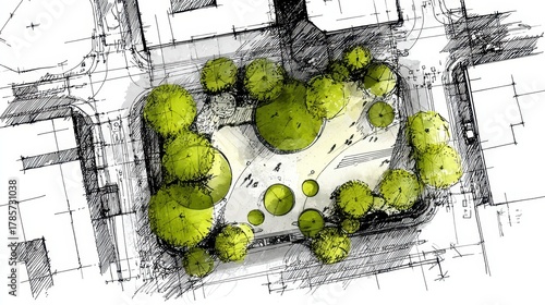 Architectural sketch detailing an urban park, featuring green trees and a modern city layout from an overhead perspective, illustrating sustainable landscape design and urban planning concepts