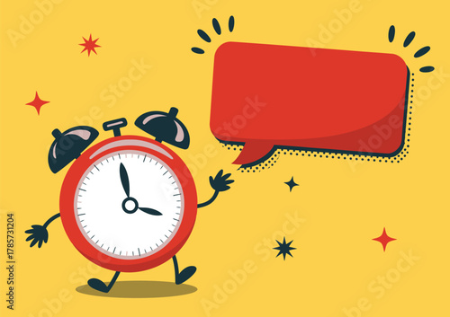 Cartoon Alarm Clock with Ribbon Banner – Comic Style Vector Illustration on Orange Background with Space for Text