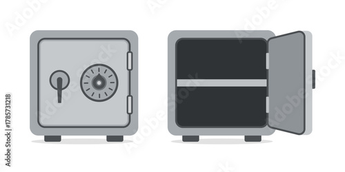 Open and closed metal vault. Bank safe icons. Box with door for secure deposits. Financial storage container. Vault with lock. Security and protection concept. Vector.
