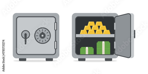 Safe containing money and gold. Open and closed metal vault. Bank safe icons. Box with door for secure deposits. Financial storage container. Vault with lock. Security and protection concept. Vector.