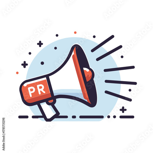 A graphic illustration of a megaphone with "PR" on its side, symbolizing public relations and communication.