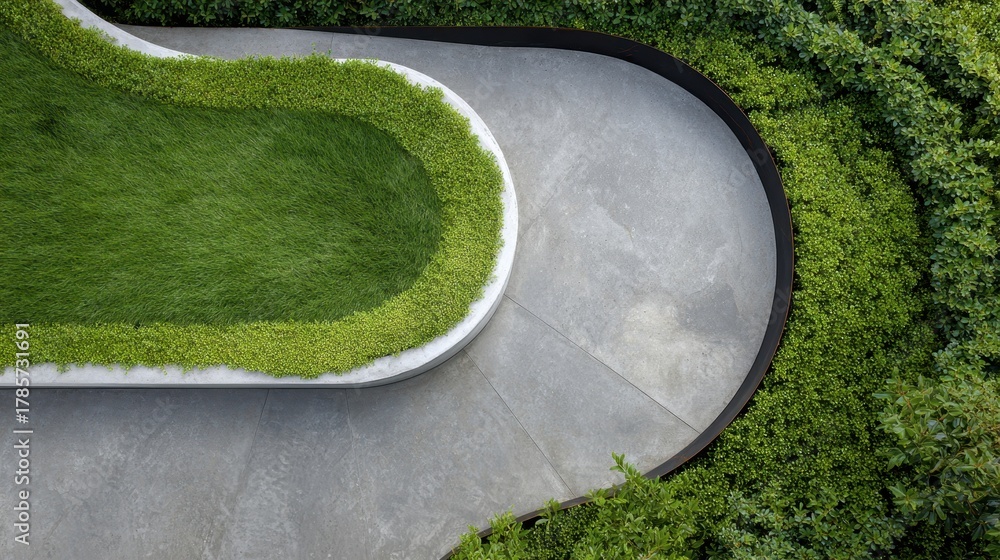 Naklejka premium Modern garden design showcasing a clean, minimalist outdoor space with curved green lawn planters, neatly trimmed hedges, and contemporary grey concrete paving, viewed from above