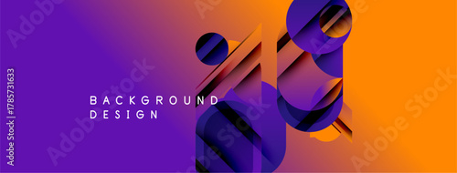 Abstract geometric shapes blend purple, orange gradients. Modern design evokes dynamic movement, depth. Background text reads background design.