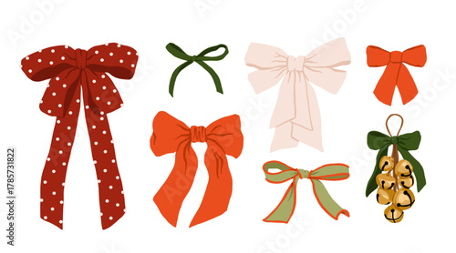 Vintage cozy handmade Christmas bows and ornaments collection, ribbon bows, bells, candle with greenery, gingham and polka dot ribbons, rustic holiday decorations, flat vector set