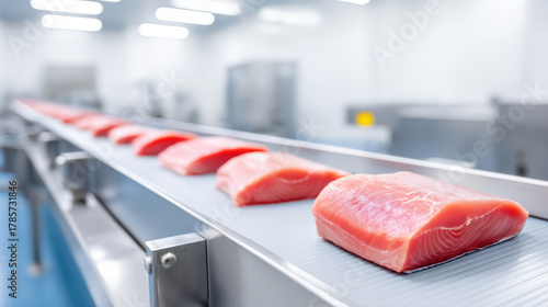 Fresh salmon fillets on a conveyor belt in a modern processing factory, symbolizing food production and quality control.