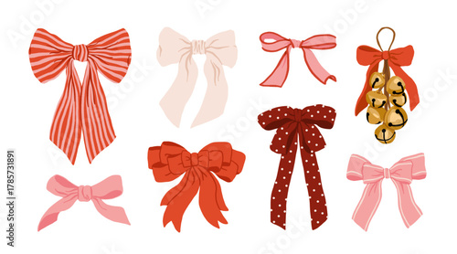 Vintage Christmas ribbon bows collection, cozy handmade festive gift decorations, red and pink holiday bows, nostalgic whimsical winter illustration, retro xmas aesthetic vector art