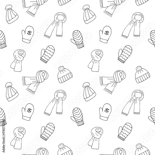 Hats, scarves and mittens seamless pattern, hand drawn, vector illustration