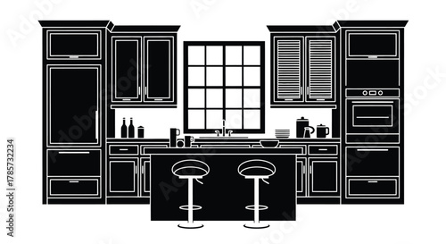 Modern kitchen interior design with island and stools in black and white